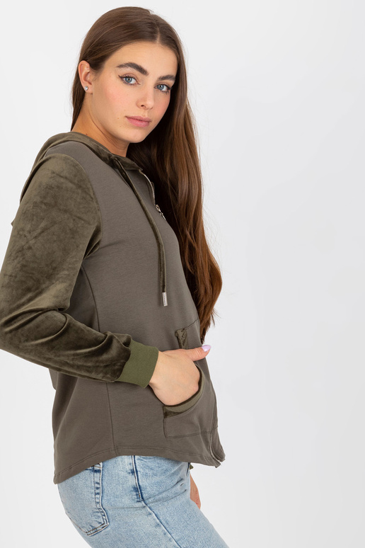 Khaki bavlněná mikina s kapucí a kapsami