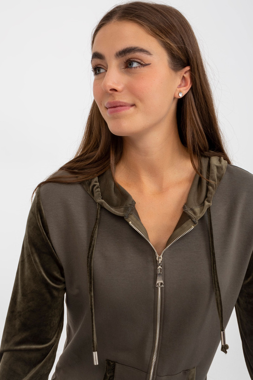 Khaki bavlněná mikina s kapucí a kapsami