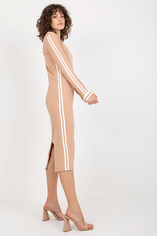 Camel midi mikinové šaty s pruhy