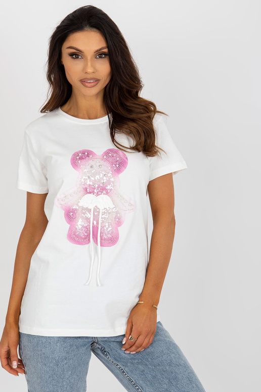 Ecru růžové bavlněné dámské tričko s...