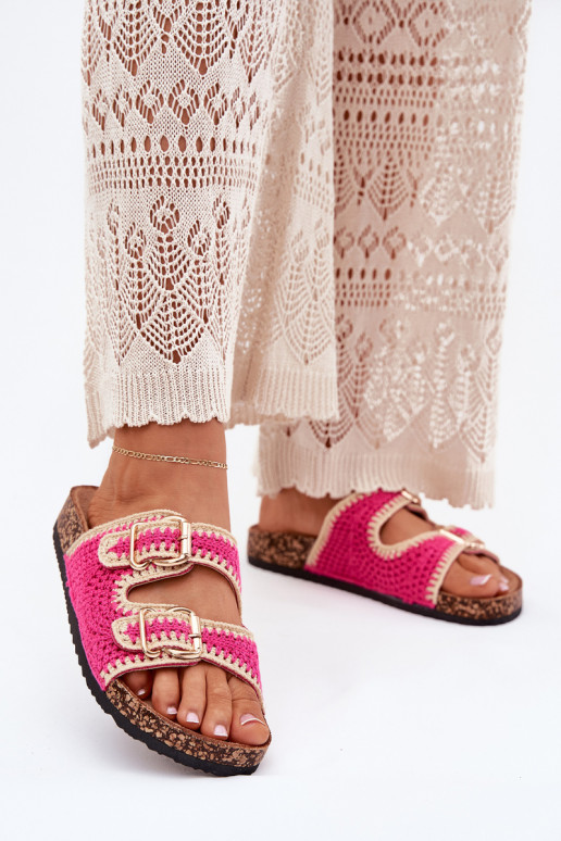 Szydełkowe Dámské pantofle Ze zlaté barvymi s přezkamimi růžová Fenira