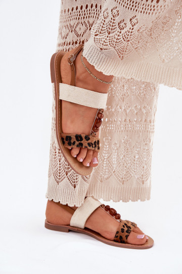 Ploché dámské sandály s korálky se vzory leopardí kožešiny hnědá Virona