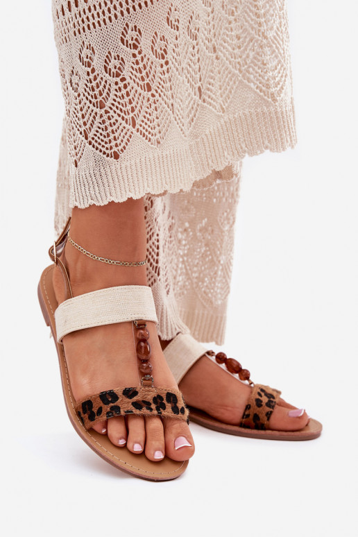 Ploché dámské sandály s korálky se vzory leopardí kožešiny hnědá Virona Ploché dámské sandály s korálky se vzory leopardí kožešiny hnědá Virona