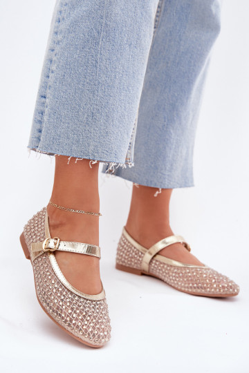 Zdobené baleríny  s popruhy I s přezkami zlaté barvy Avirae