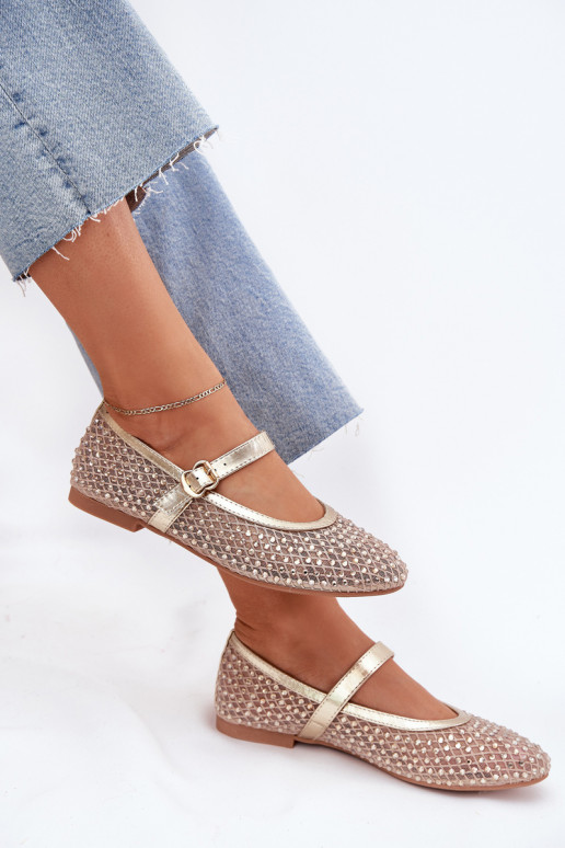 Zdobené baleríny  s popruhy I s přezkami zlaté barvy Avirae