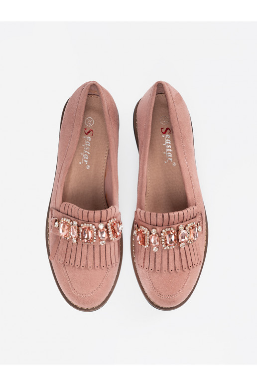 růžová ze semiše mokasíny zdobené krystaly růžová ze semiše mokasíny zdobené krystaly