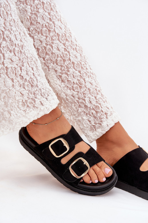 Dámské pantofle s platformou Ze zlaté barvymi s přezkamimi Černé Verena