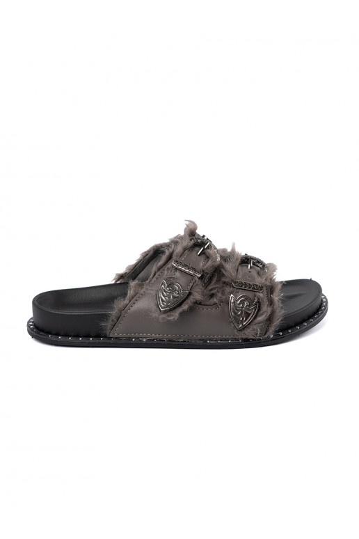 šedá Pantofle s kožešinou i ćwiekami šedá Pantofle s kožešinou i ćwiekami