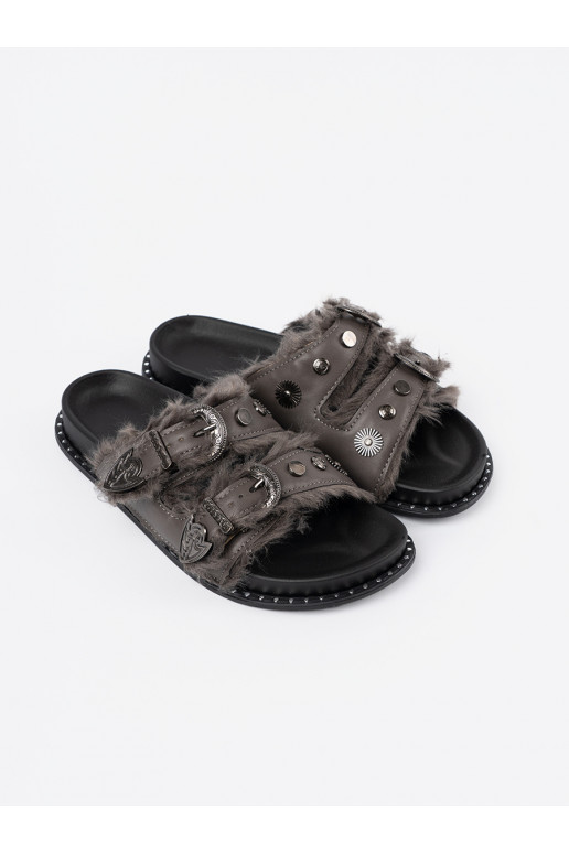 šedá Pantofle s kožešinou i ćwiekami šedá Pantofle s kožešinou i ćwiekami