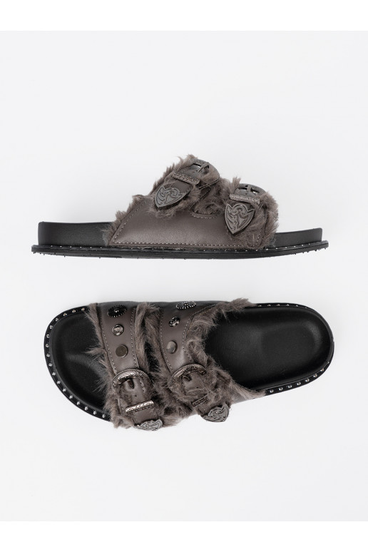 šedá Pantofle s kožešinou i ćwiekami šedá Pantofle s kožešinou i ćwiekami