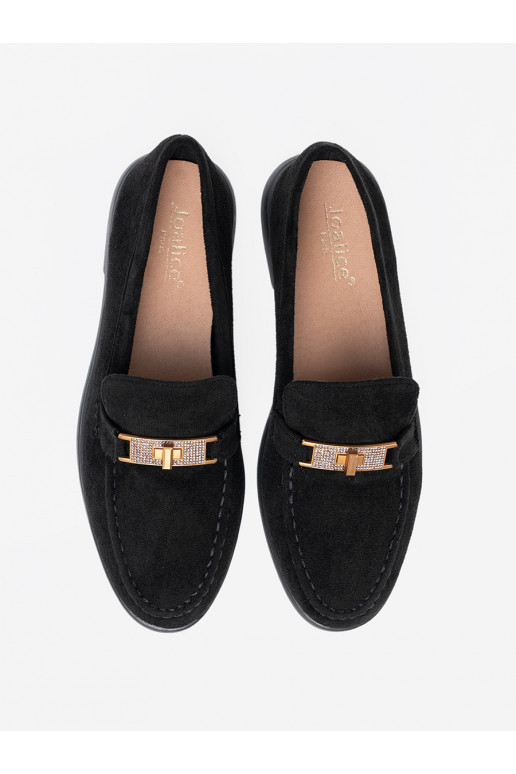 Černé ze semiše mokasíny z elegancką złotą ozdobą