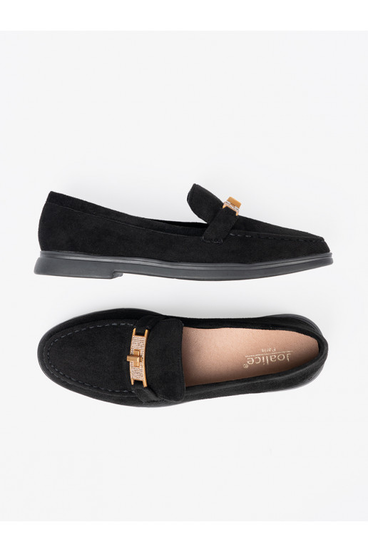 Černé ze semiše mokasíny z elegancką złotą ozdobą