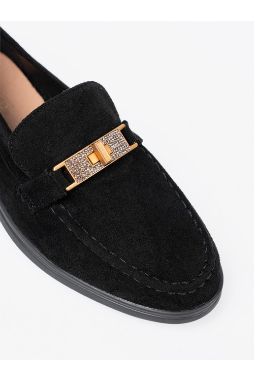 Černé ze semiše mokasíny z elegancką złotą ozdobą