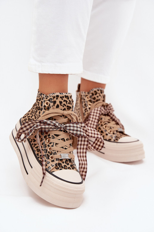 Ležérní obuv se stuhovými tkaničkami I Zamkiem s platformou se vzory leopardí kožešiny Mavara