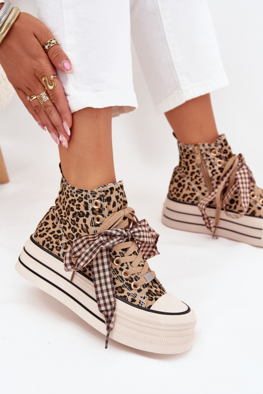 Ležérní obuv se stuhovými tkaničkami I Zamkiem s platformou se vzory leopardí kožešiny Mavara