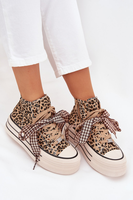 Ležérní obuv se stuhovými tkaničkami I Zamkiem s platformou se vzory leopardí kožešiny Mavara