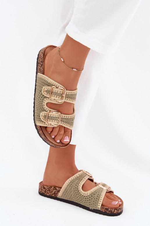 Szydełkowe Dámské pantofle Ze zlaté barvymi s přezkamimi zelené Fenira