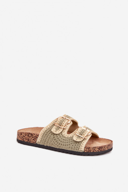 Szydełkowe Dámské pantofle Ze zlaté barvymi s přezkamimi zelené Fenira