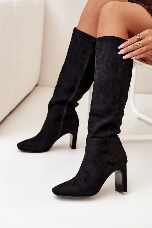 dámské dlouhé boty s podpatky zateplené Černé Zamira