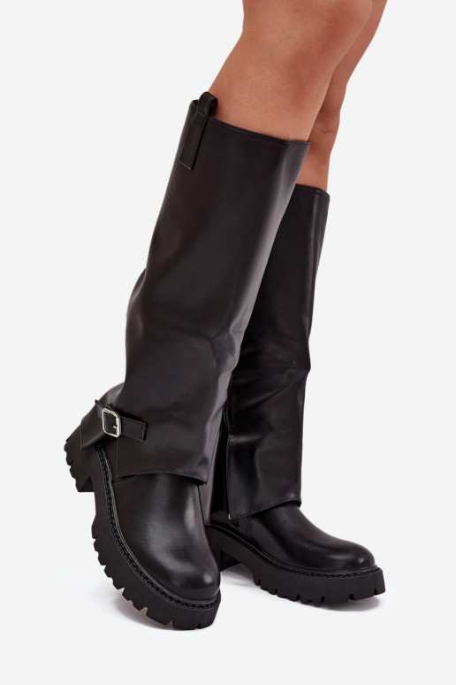 zateplené dlouhé boty Z Wywiniętą Cholewką I s přezkami Černé Fiorae