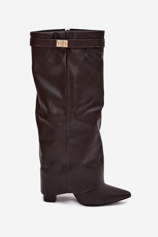 dámské dlouhé boty s podpatky Z Wywiniętą Cholewką I zlaté barvym Detalem Czekoladowe Diorna