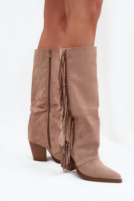 dlouhé boty kovbojský styl  se střapci s podpatky béžové Tivara