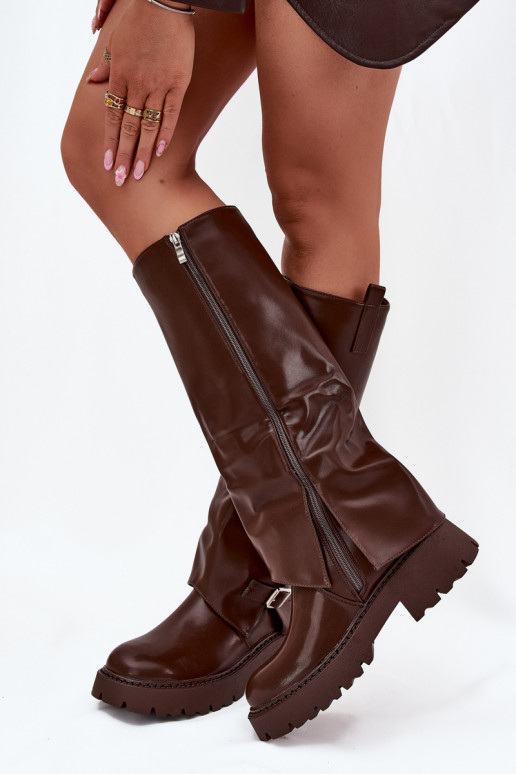 zateplené dlouhé boty Z Wywiniętą Cholewką I s přezkami Czekoladowe Fiorae