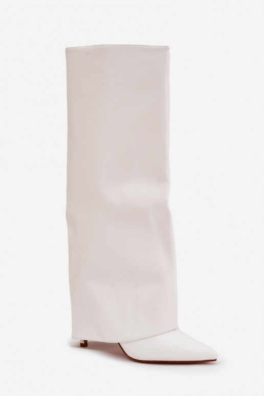 zateplené dlouhé boty s tenkými podpatky Z Wywiniętą Cholewką bílé Tamonia