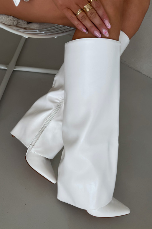 zateplené dlouhé boty s tenkými podpatky Z Wywiniętą Cholewką bílé Tamonia