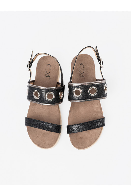 Černé sandály z ozdobnymi metalowymi kółkami Černé sandály z ozdobnymi metalowymi kółkami