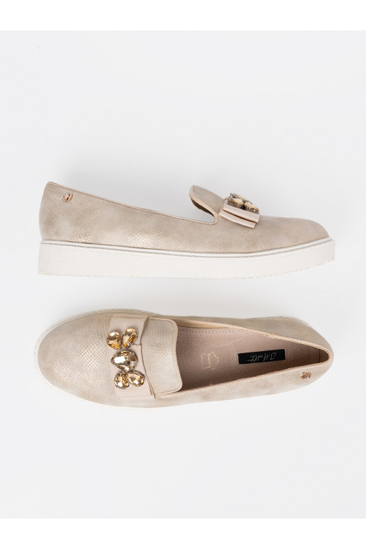 zlaté barvy mokasíny z biżuteryjnym detalem na przodzie