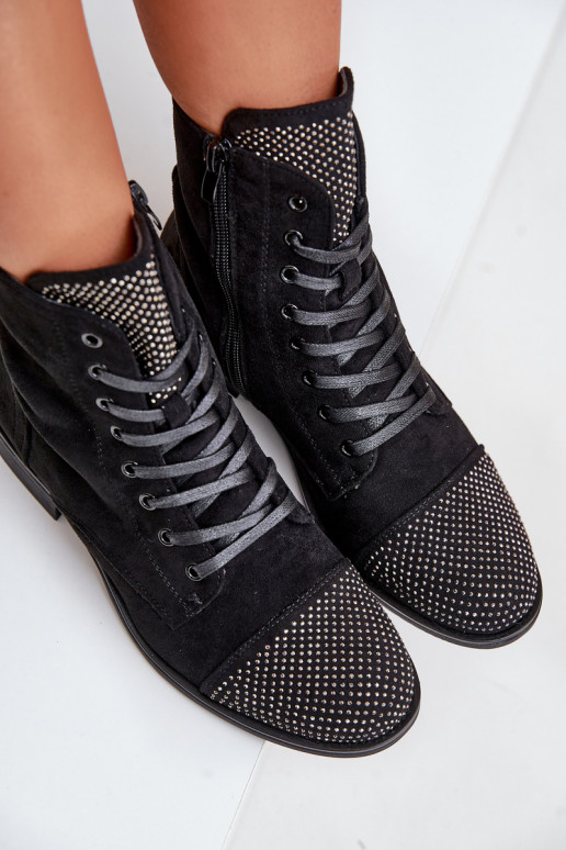 Zdobené Dřeváky s širokými podpatky z eko semišeowe zateplené Černé Ellieo