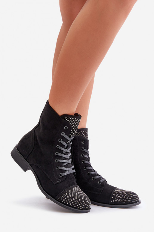 Zdobené Dřeváky s širokými podpatky z eko semišeowe zateplené Černé Ellieo