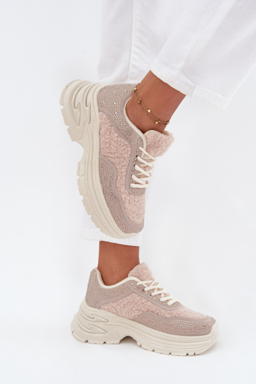 Tenisky  s třpytivými očky a kožešiny Typu Baranek slonová kost Zarika