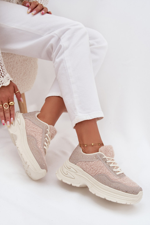 Tenisky  s třpytivými očky a kožešiny Typu Baranek slonová kost Zarika