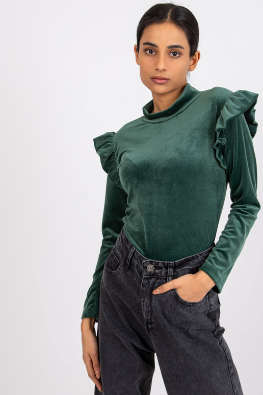 Zelená velurová halenka s volánky...