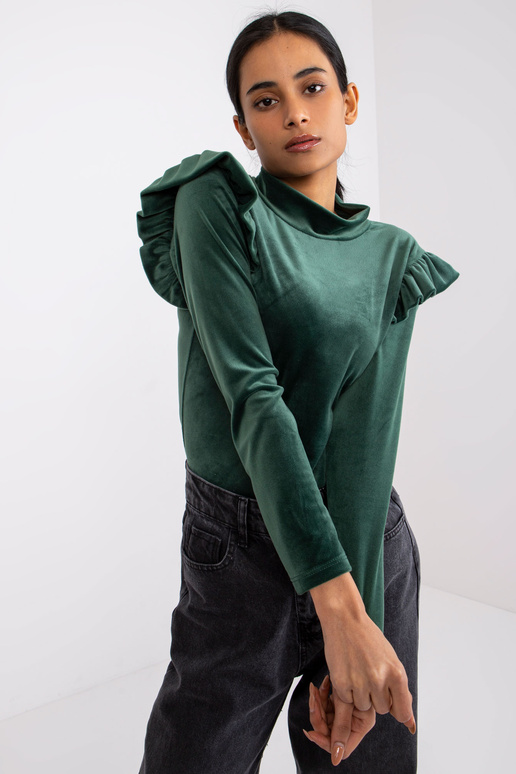 Zelená velurová halenka s volánky...