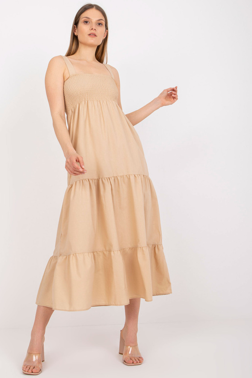 Béžové maxi šaty s volánovými ramínky...