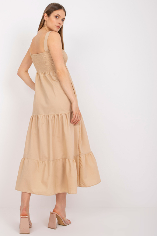 Béžové maxi šaty s volánovými ramínky...