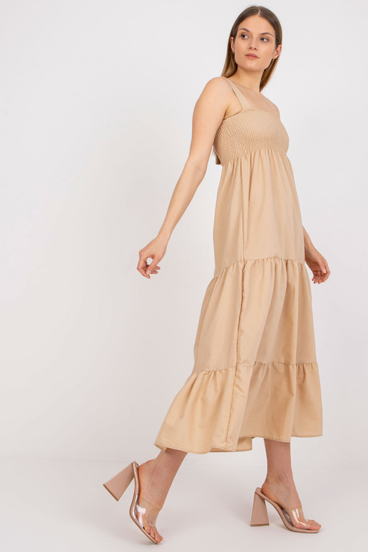Béžové maxi šaty s volánovými ramínky...