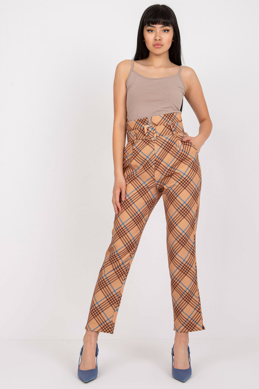 Béžové a modré kostkované kalhoty s...