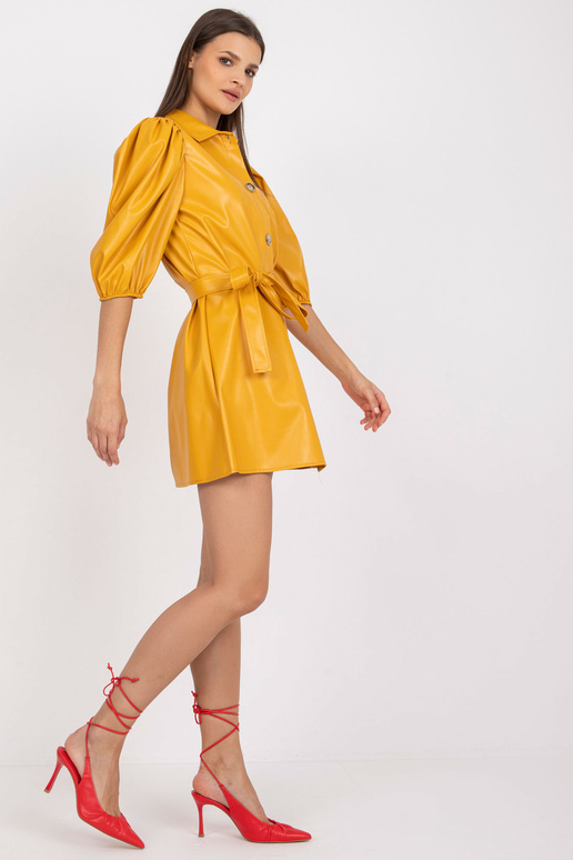 Žluté koženkové ležérní košilové šaty