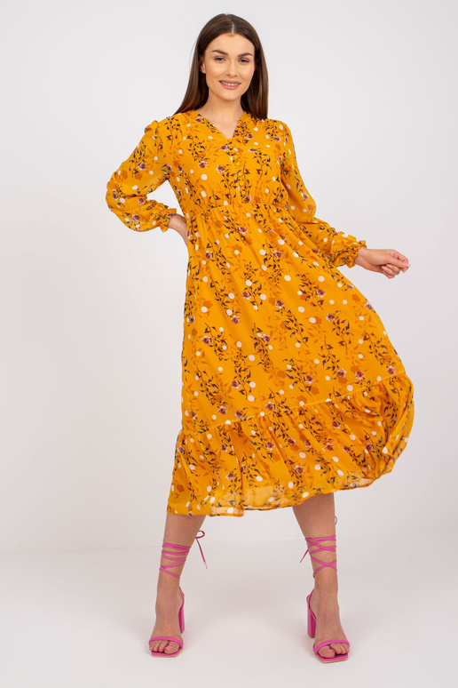 Tmavě žluté midi šaty s potisky a...