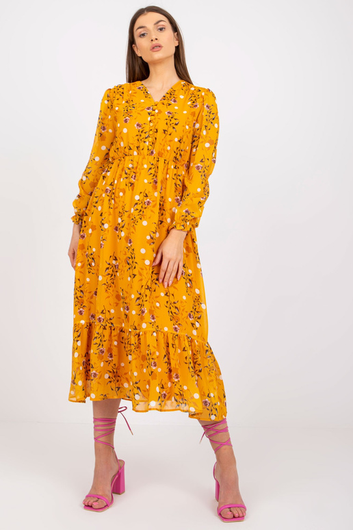 Tmavě žluté midi šaty s potisky a...