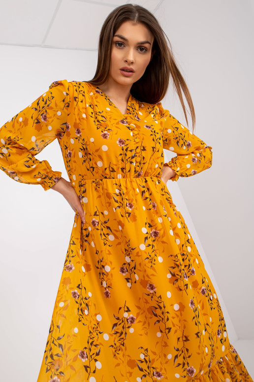 Tmavě žluté midi šaty s potisky a...
