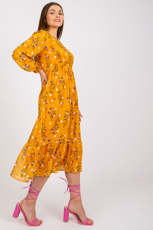 Tmavě žluté midi šaty s potisky a...