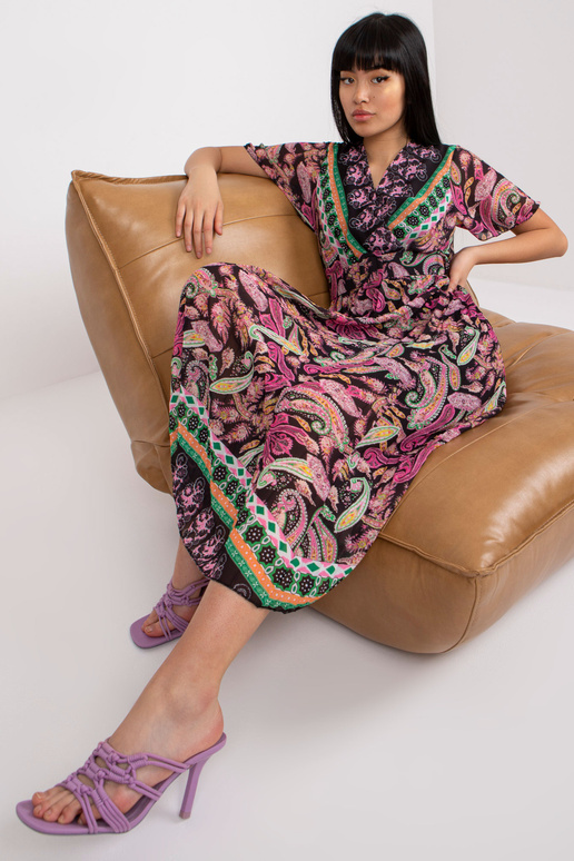 Černo-růžové rozšířené tištěné šaty...