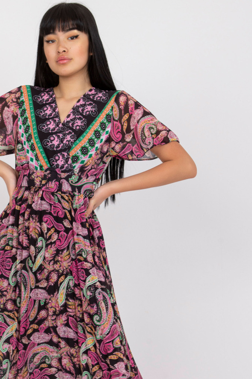 Černo-růžové rozšířené tištěné šaty...