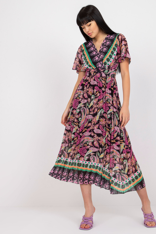 Černo-růžové rozšířené tištěné šaty...