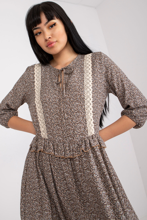 Hnědé ležérní šaty s 3/4 rukávem RUE...